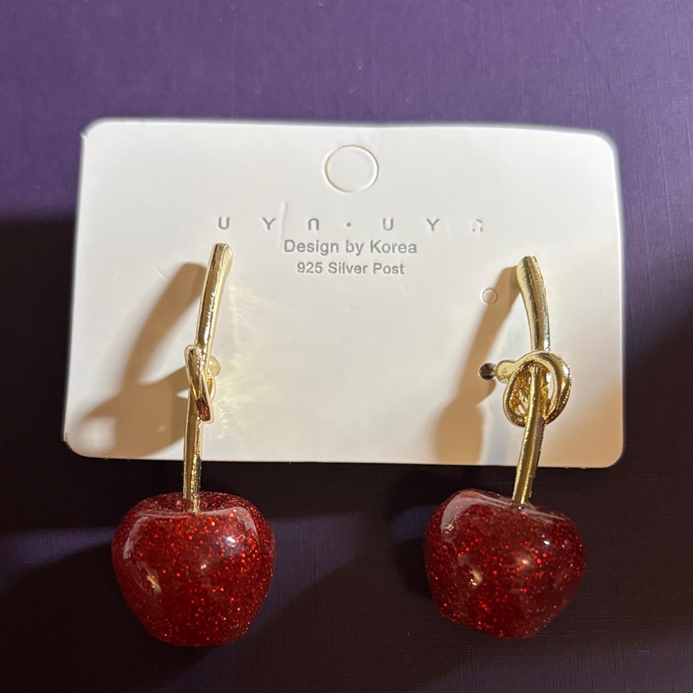 Uyn uyn Red Glitter Cherry Drop Earrings - 925 Sterling Silver Posts